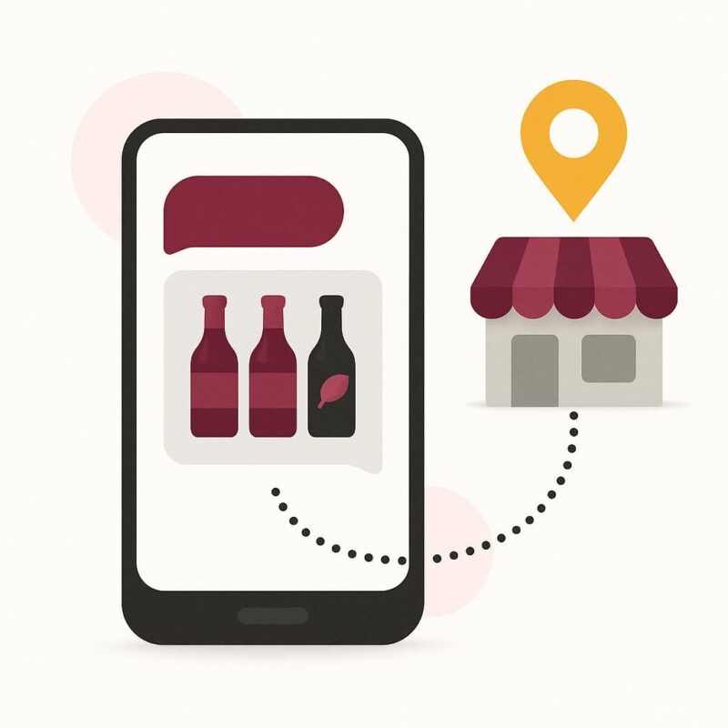 AI assistants wine recommendations: a phone with three recommended bottles linked to a nearby wine shop