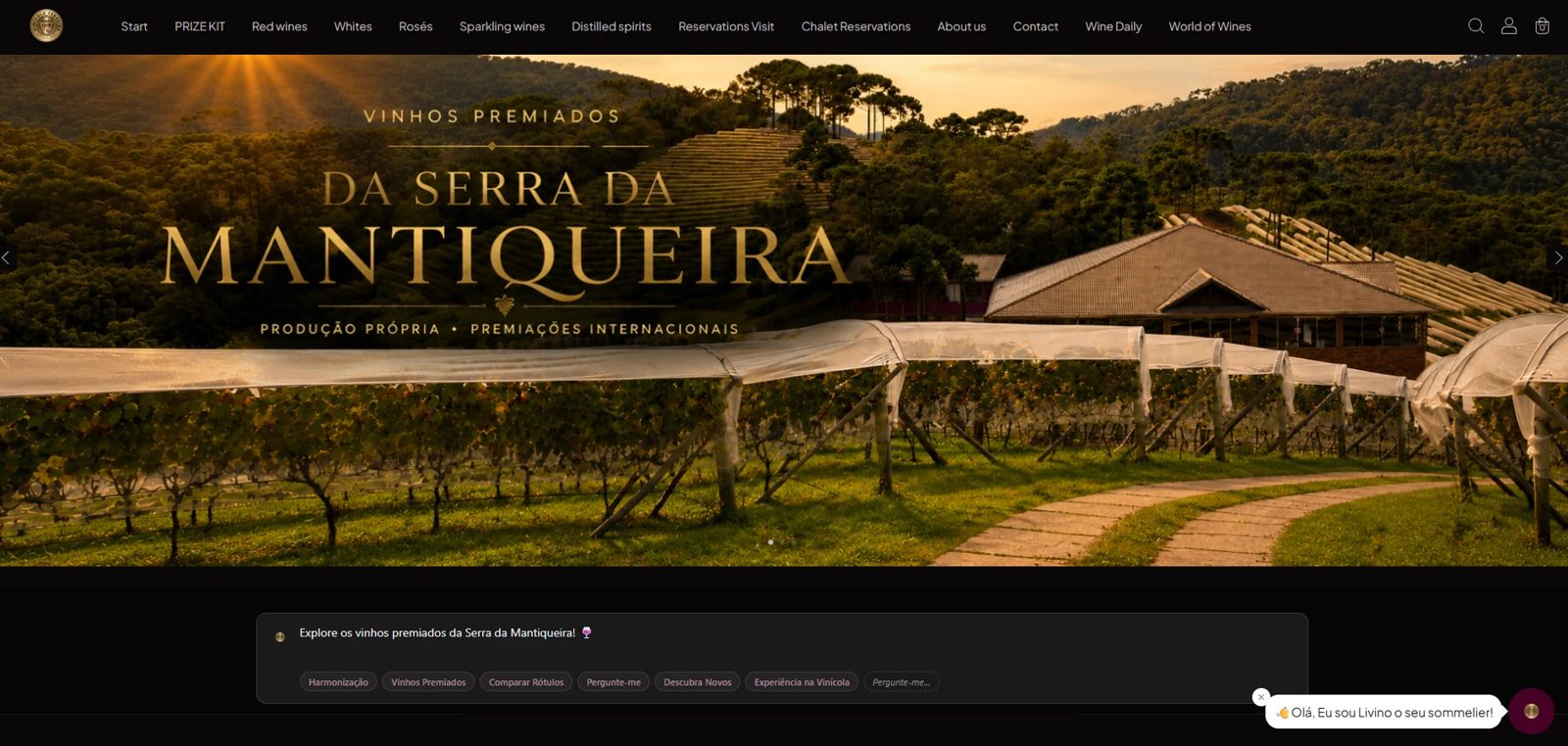 The Vinícola Ferreira online shop with the sommelier.bot AI text banner and the AI sommelier Livino greeting visitors